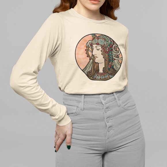 Outfit Bits Tops - Art Nouveau Gypsy Goddess Vintage Print Long Sleeve Graphic Tee T-shirt S M L XL